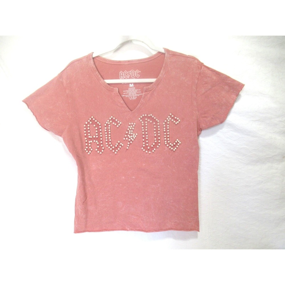 AC/DC Size Medium Salmon Pink Acid Washed Short Sleeve Cropped Pearl T-Shirt